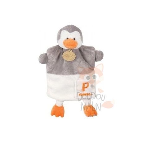 Babynat marionnette alphabet p comme pingouin gris blanc orange 